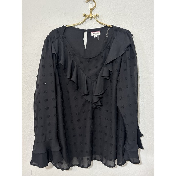 Andree By Unit Women's size 3X Black Swiss Dot Long Sleeve Ruffle Blouse Relaxed - Picture 1 of 2